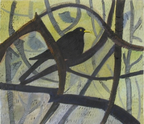 Blackbird in a tree ink and gouache painting
